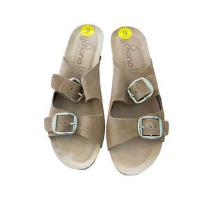New Yokono Womens Taupe Double Band Leather Buckle Cork Wedge Sandals Size 9